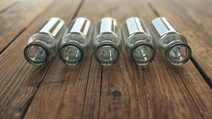 Glass Bottles on Wood - Row of empty glass bottles on rustic wooden surface.