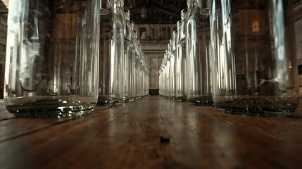 Bottle Perspective - Low angle shot of many bottles in rows on wood, vintage style background.