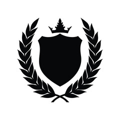 Obraz premium Black vector heraldic shield with crown and wreath on a white background, laurel wreath on shield silhouette vector illustration