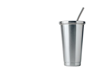 stainless steel reusable straw cup isolated on white background eco friendly dining