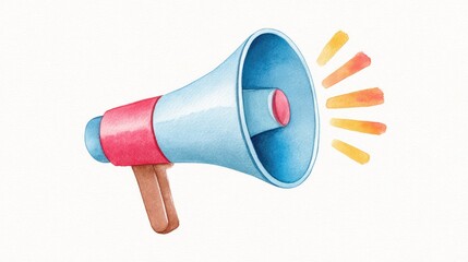 Watercolor illustration of megaphone with red and blue body, wooden handle, and sound waves depicted as orange and yellow lines. design is simple and cartoony, evoking cheerful and vibrant mood