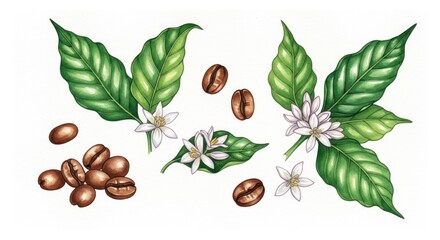 Watercolor Coffee Plant Illustration: Beans, Leaves, Flowers on White Background