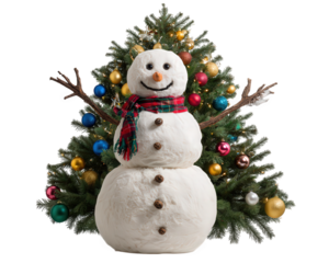 Cheerful snowman with plaid scarf and stick arms stands in front of decorated Christmas tree with colorful ornaments, festive and joyful holiday scene