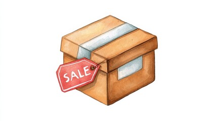 Watercolor illustration of cardboard box with red SALE tag attached, symbolizing discounts or promotions. box has simple design with light blue stripe, evoking cheerful and inviting mood