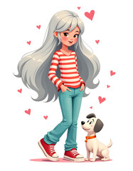 A cartoon girl and her cute puppy share a loving moment surrounded by hearts.