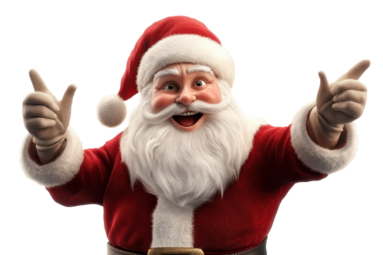 Hyper realistic Santa Claus in festive red suit with joyful expression, hands raised in celebration, against a bright white background