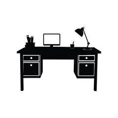 Elegant black and white desk setup with computer and lamp illustration, office desk silhouette vector illustration