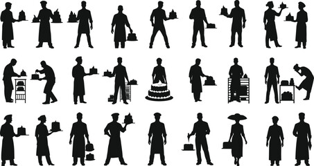 Silhouettes of bakers and pastry chefs holding cakes, baking process, cake decorating, bakery staff, confectionery art, dessert preparation.