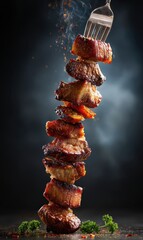 Vibrant photo of fork with meat skewered on it, stacked in the air, delicious food photography, meat arranged in the shape of a tower, dark background, high-resolution.