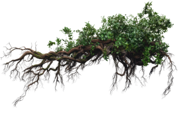 Twisted jungle roots with vibrant green foliage capturing the essence of untouched nature in a serene setting