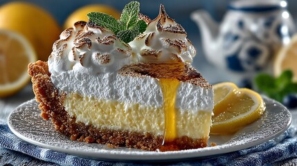 Delicious lemon meringue pie slice with fresh mint, perfect for dessert menus and food blogs