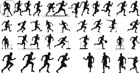 Silhouettes of athletes running, sprinting, and hurdling, male runners, sports motion, fitness, track and field, dynamic movement, athletic training.