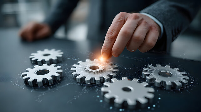 Businessman's hand interacting with gears representing teamwork 