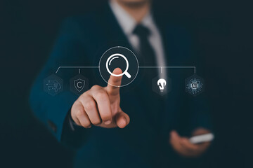 Businessman interacting with futuristic search interface technology innovation digital future concept