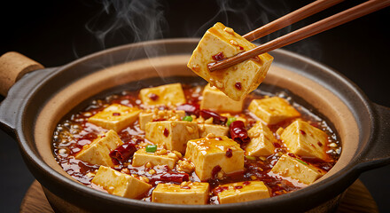 Spicy Szechuan style braised tofu in a rich chili sauce, bubbling in an earthenware pot