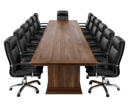 Modern conference table with wood grain finish surrounded by multiple black ergonomic office chairs, creating professional and collaborative meeting environment