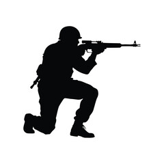 Silhouette of a Soldier Kneeling and Aiming a Rifle, Depicting Military Precision, soldier firing gun silhouette vector illustration