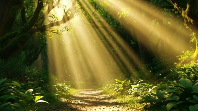 Golden sunlight rays shining through trees into green forest creating magical atmosphere of peace beauty calm and natural harmony in environment and scenic landscape