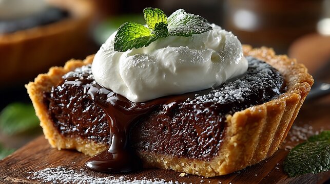 Decadent chocolate tart with whipped cream and mint offers a sweet indulgence for dessert lovers