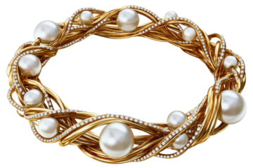 Elegant circular pearl bracelet with intricate gold design and sparkling details displayed on a clean white background showcasing luxury and craftsmanship
