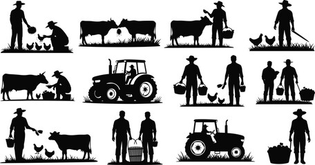 Silhouettes of farmers, cows, chickens, and tractors on farmland, harvesting crops, feeding animals, working in agriculture and rural farm life © CreativeArtist