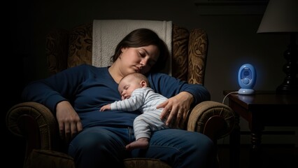 Fototapeta premium An exhausted mother asleep in an armchair in the dark, with her sleeping baby on her chest.