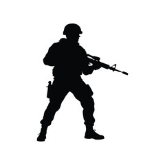 Silhouette of a soldier aiming a rifle in a black and white picture, soldier in combat gear silhouette vector illustration