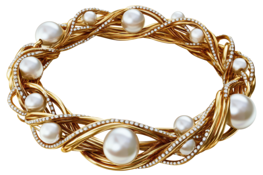 Elegant circular pearl bracelet with intricate gold design and sparkling details displayed on a clean white background showcasing luxury and craftsmanship