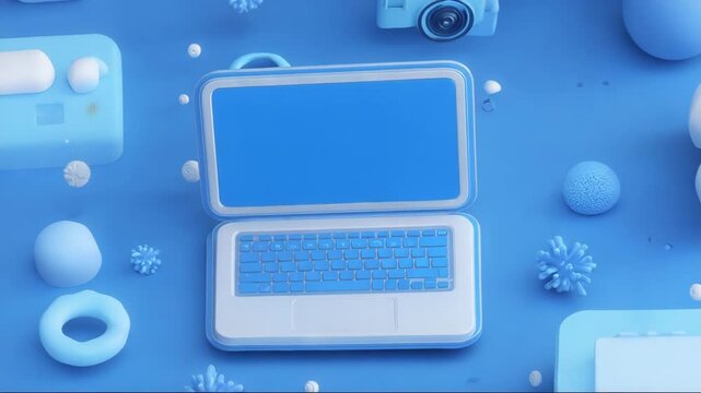 Blue laptop with colorful accessories on a blue background  