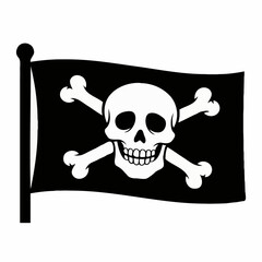 Iconic representation of a pirate flag featuring a stark white skull and crossed bones on a solid black background, embodying rebellion, adventure, and danger