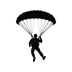 Silhouette of a skydiver with parachute gliding down to the ground, soldier in parachute jump silhouette vector illustration