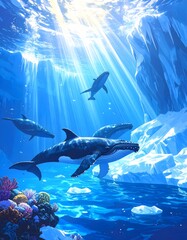 Obraz premium An enchanting underwater illustration of majestic whales gliding through sunlit arctic waters surrounded by ice and magical coral