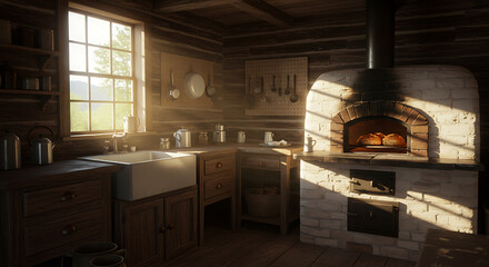 A rustic kitchen with a brick oven and bread baking, natural light streaming through the window pane