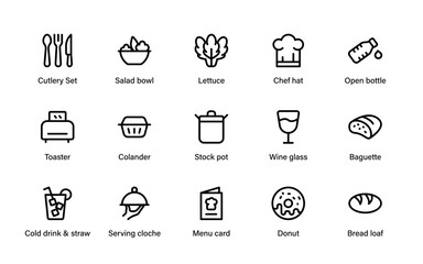 Unique professional restaurant line icon set displaying food, utensils, plates, and beverages crafted in minimal modern lines
