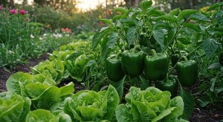 Abundant Green Bell Peppers and Lettuce Growing in a Lush Garden