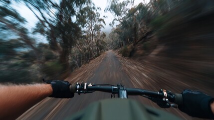 Cyclist Riding Mountain Bike Through Forest Trail in Motion