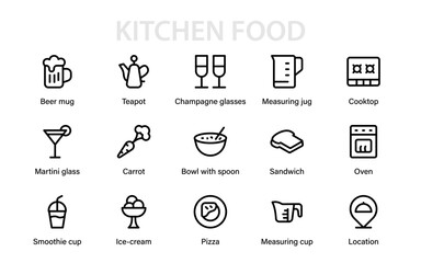 Modern Kitchen Food and restaurant premium line icon collection featuring beverages, plates, utensils, and culinary items in clean minimal lines style.