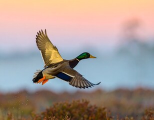 Obraz premium Majestic mallard duck in flight against a serene sunset backdrop