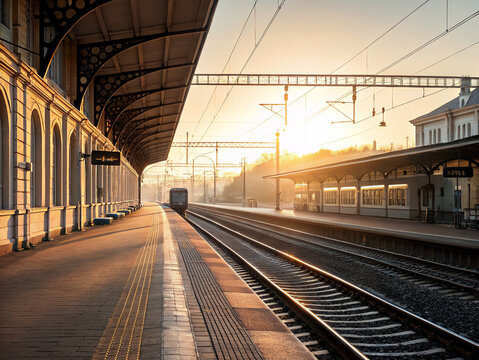Railway station platform at sunrise with empty tracks and historical architecture in warm morning light