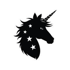 Black and white unicorn head silhouette with star decorations illustration, unicorn face with stars silhouette vector illustration