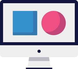 Modern Flat Design: Computer Screen Displaying Simple Geometric Shapes, Clean Minimalist Style, Professional and Corporate Mood