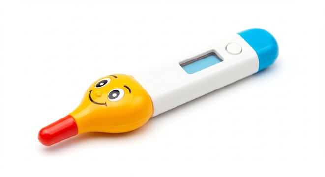 Thermom�tre enfant souriant lumi�re douce fond blanc. AI Generated