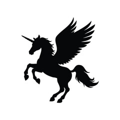 Majestic Unicorn Pegasus Silhouette with Flowing Mane, Tail and Expansive Wings, unicorn flying with wings silhouette vector illustration