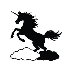 Majestic Unicorn Silhouette Rearing Up on Clouds, A Symbol of Magic, unicorn jumping over clouds silhouette vector illustration