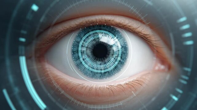 A glowing human eye with digital iris scan patterns, symbolizing proof of human identity through technology and digital verification.
