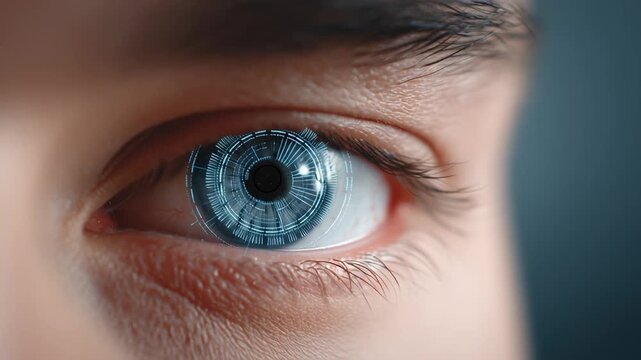 A glowing human eye with digital iris scan patterns, symbolizing proof of human identity through technology and digital verification.