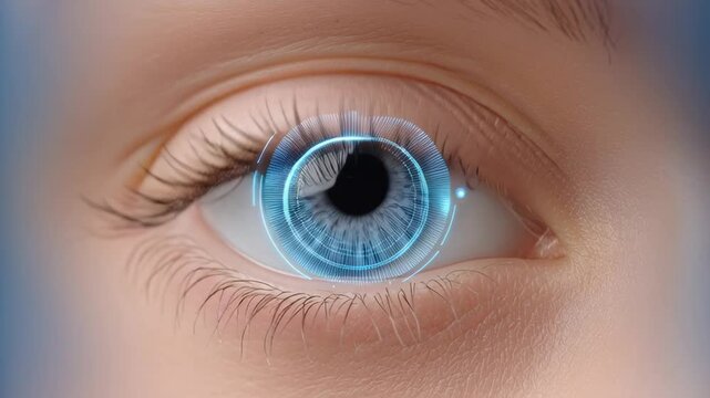 A glowing human eye with digital iris scan patterns, symbolizing proof of human identity through technology and digital verification.