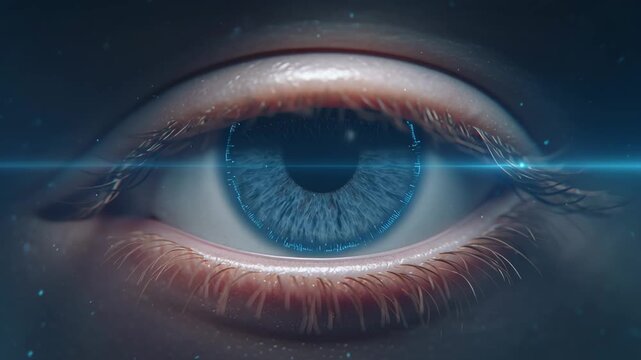 A glowing human eye with digital iris scan patterns, symbolizing proof of human identity through technology and digital verification.
