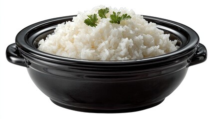 A bowl of fluffy white rice, garnished with fresh herbs, sits in a dark, glossy ceramic dish
