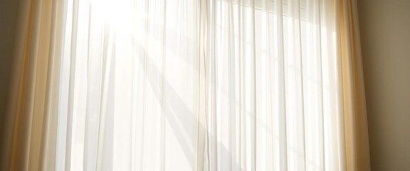 Obraz premium Sunlight streams through sheer white curtains, illuminating a bright room, serene, sunlight